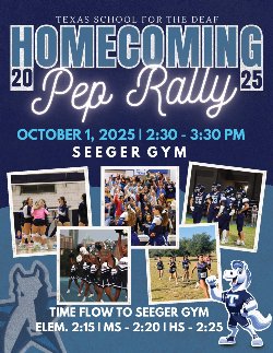 TSD Homecoming Pep Rally Flyer announcing time, date, and location: October 1st, 2:30-3:30 PM, at Seeger Gym
